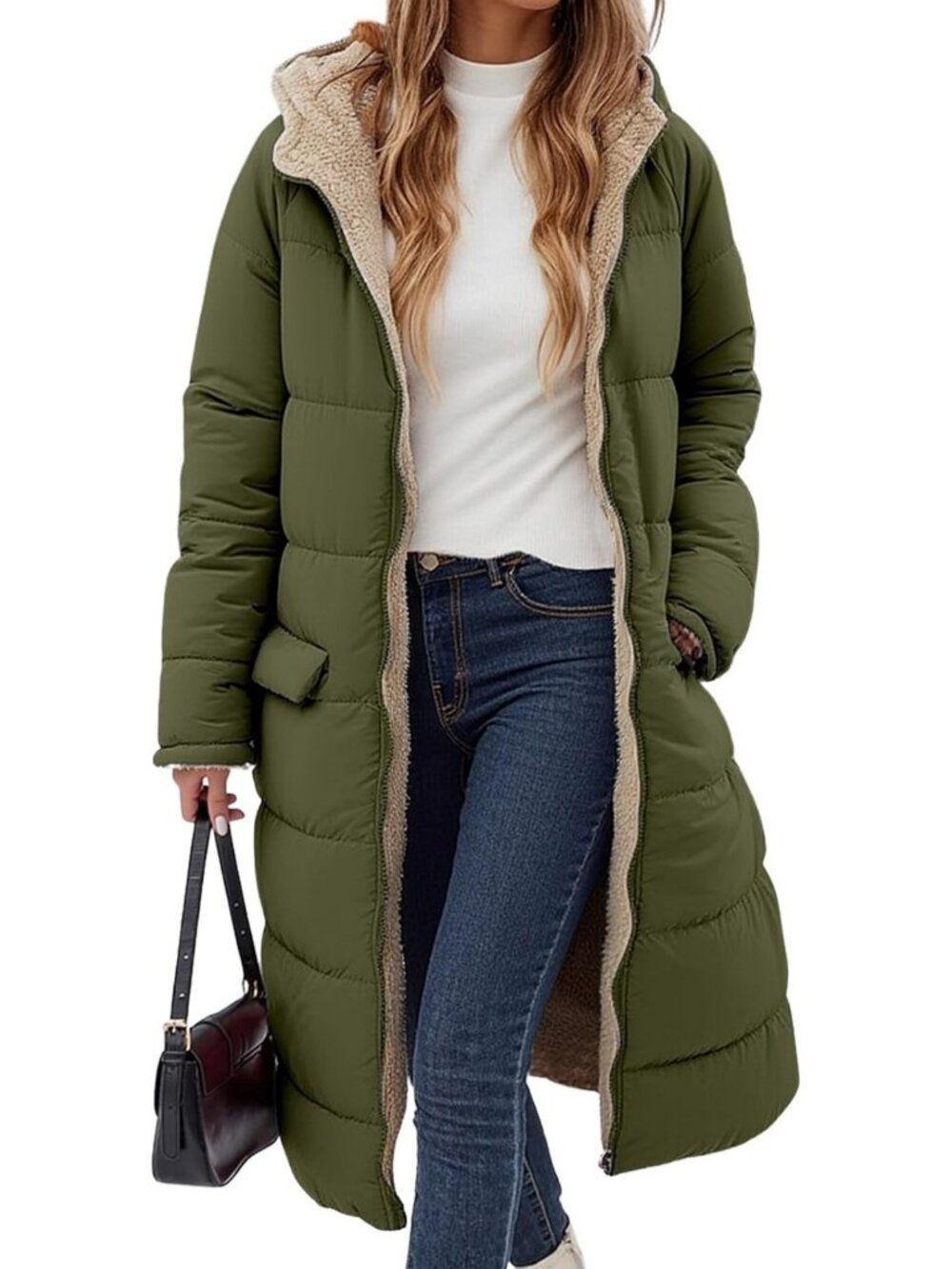 Reversible Winter Puffer Jacket - Fleece Lined Hooded Sherpa Coat, Long Parka